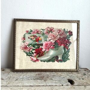 Antique Victorian Style Die Cut Print Carnations Ladies Shoe Floral Scrap